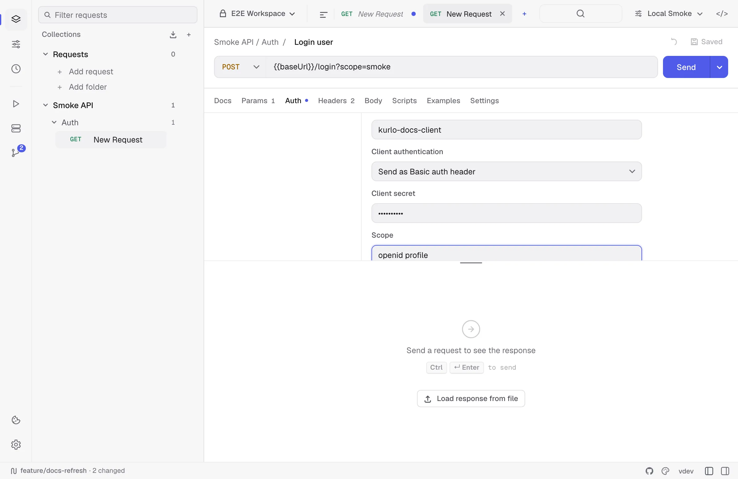 OAuth 2.0 Client Credentials form with token controls