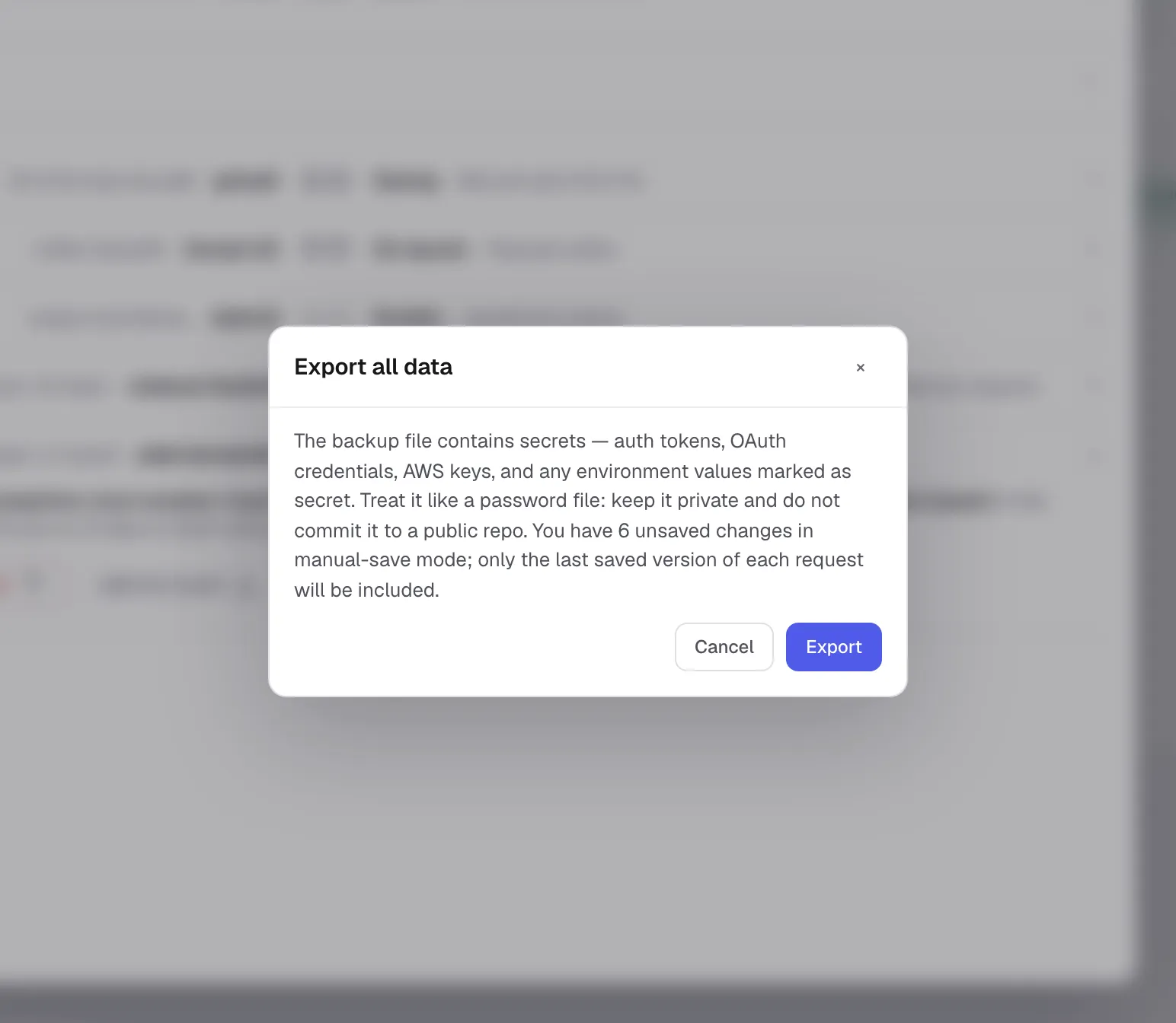 Export confirmation warning that the backup contains secrets and excludes unsaved changes