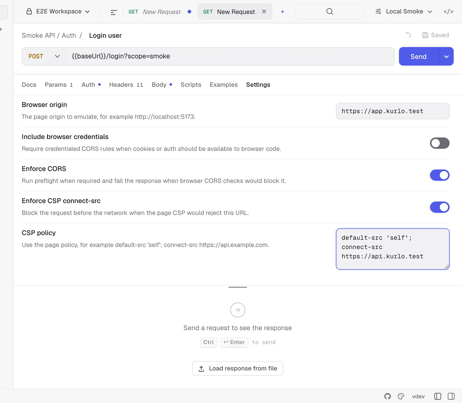 Browser security controls in the request Settings tab