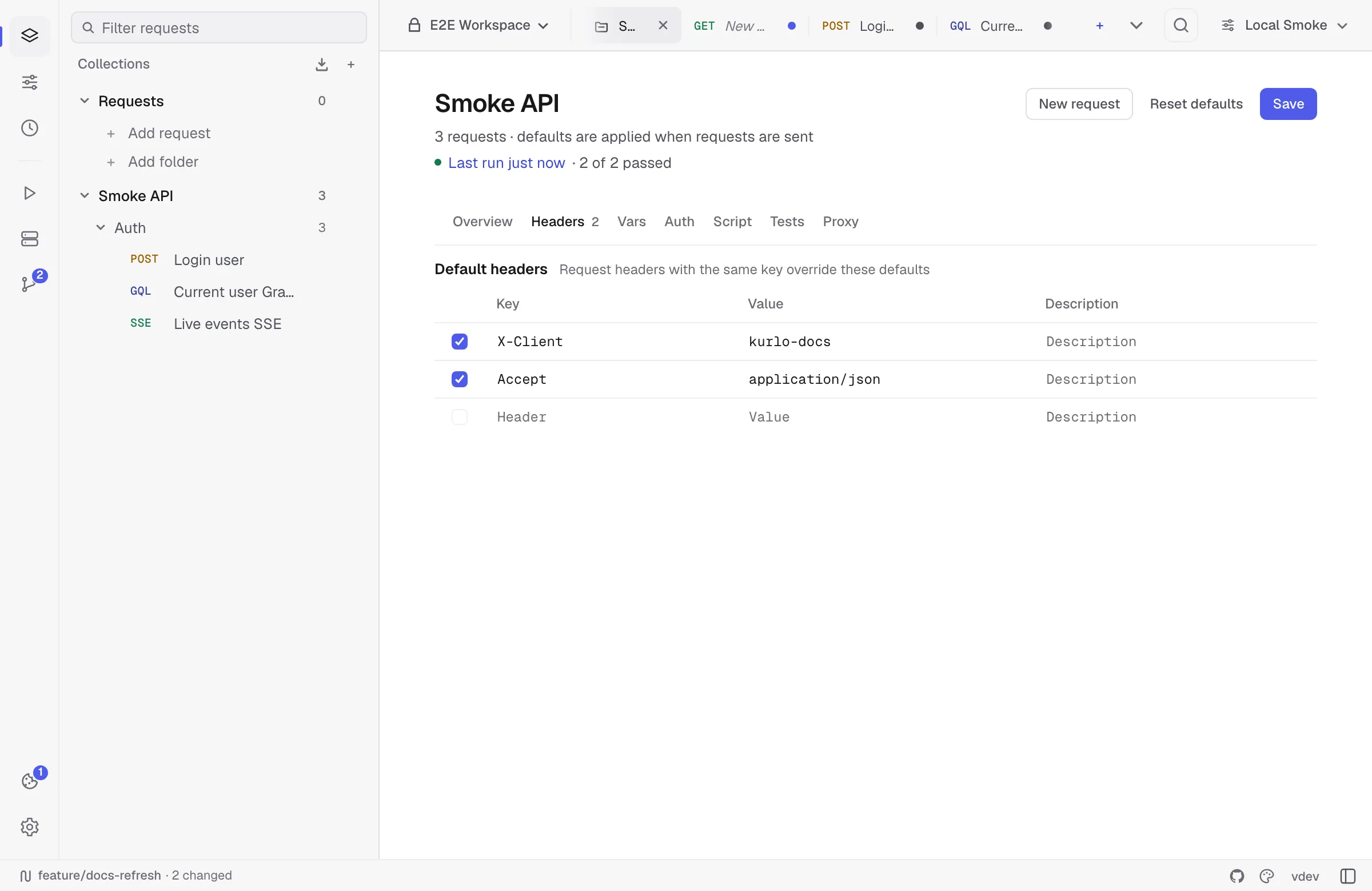 Collection settings with reusable default HTTP headers