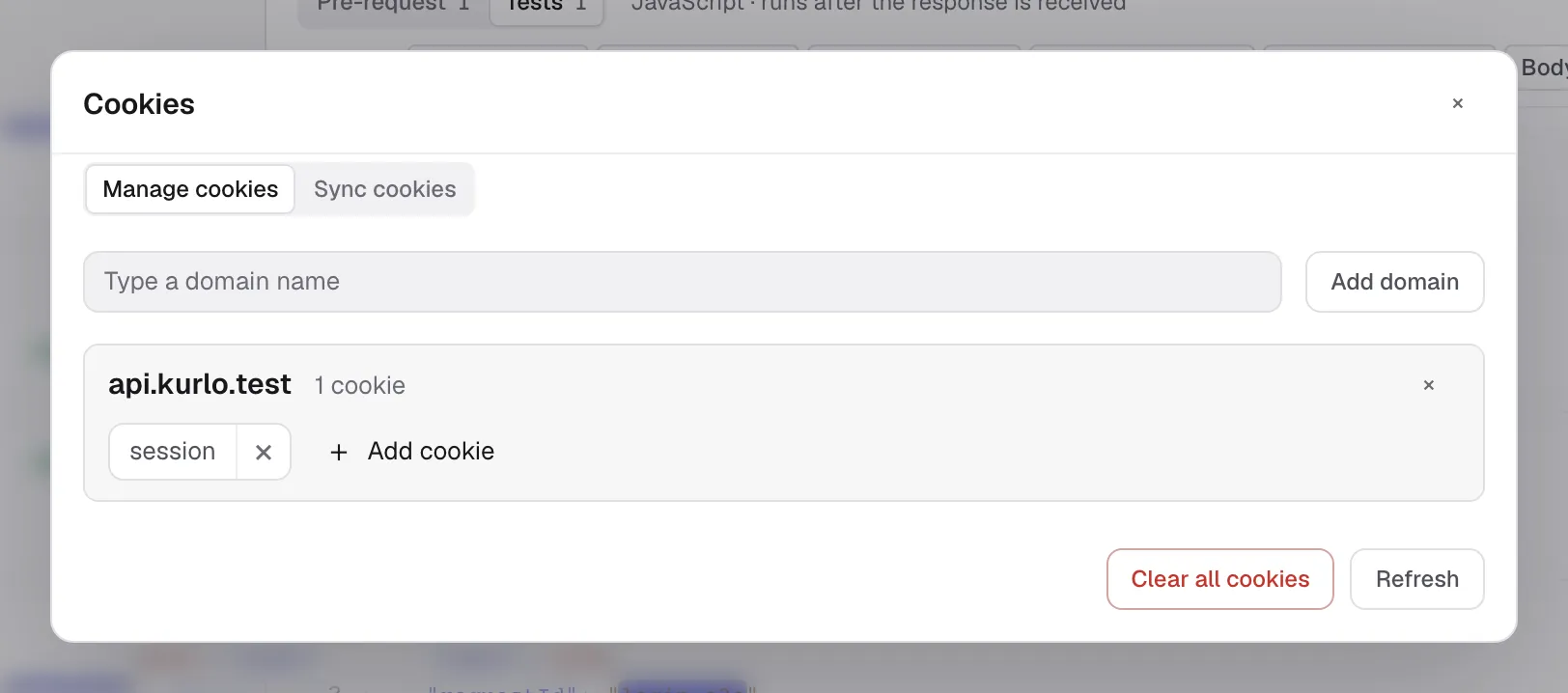 Cookie jar modal with a saved domain cookie