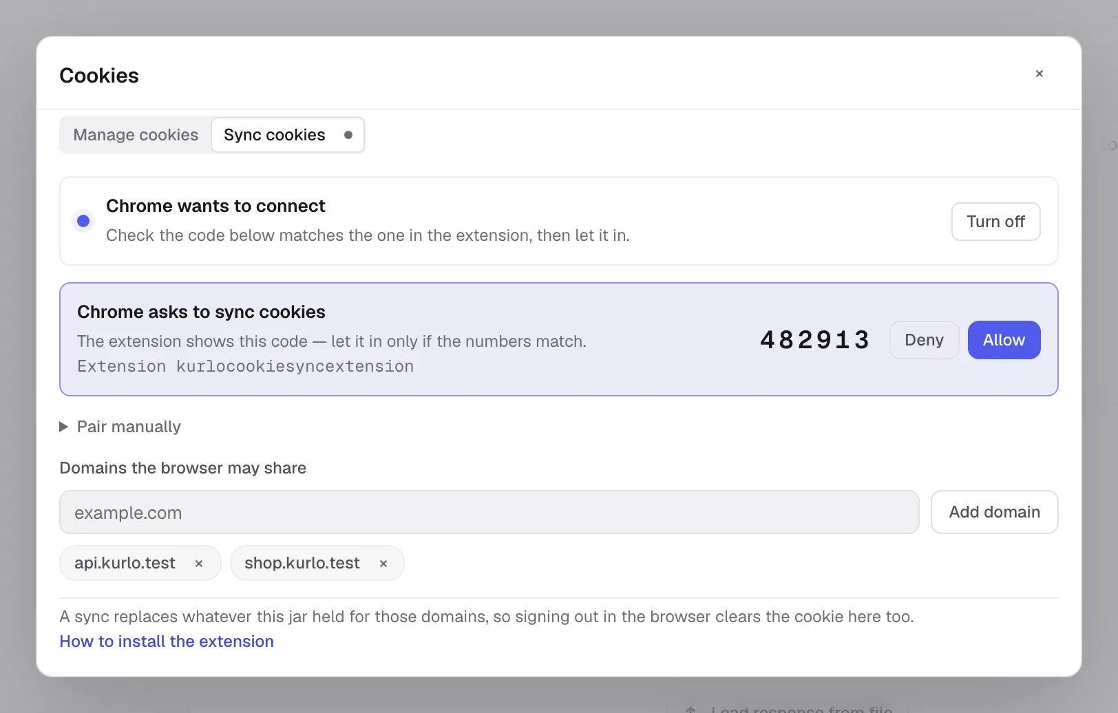 Kurlo asking whether Chrome may sync cookies, with a code to match