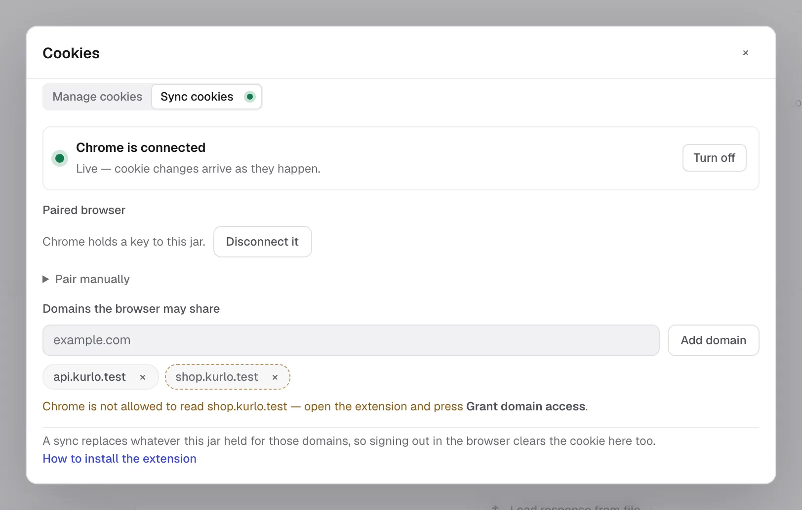 Sync Cookies tab connected to Chrome, showing two allowlisted domains and recent activity