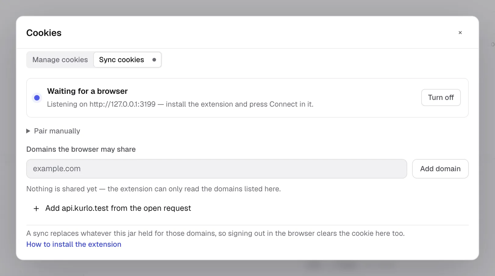 Sync Cookies tab waiting for a browser to connect
