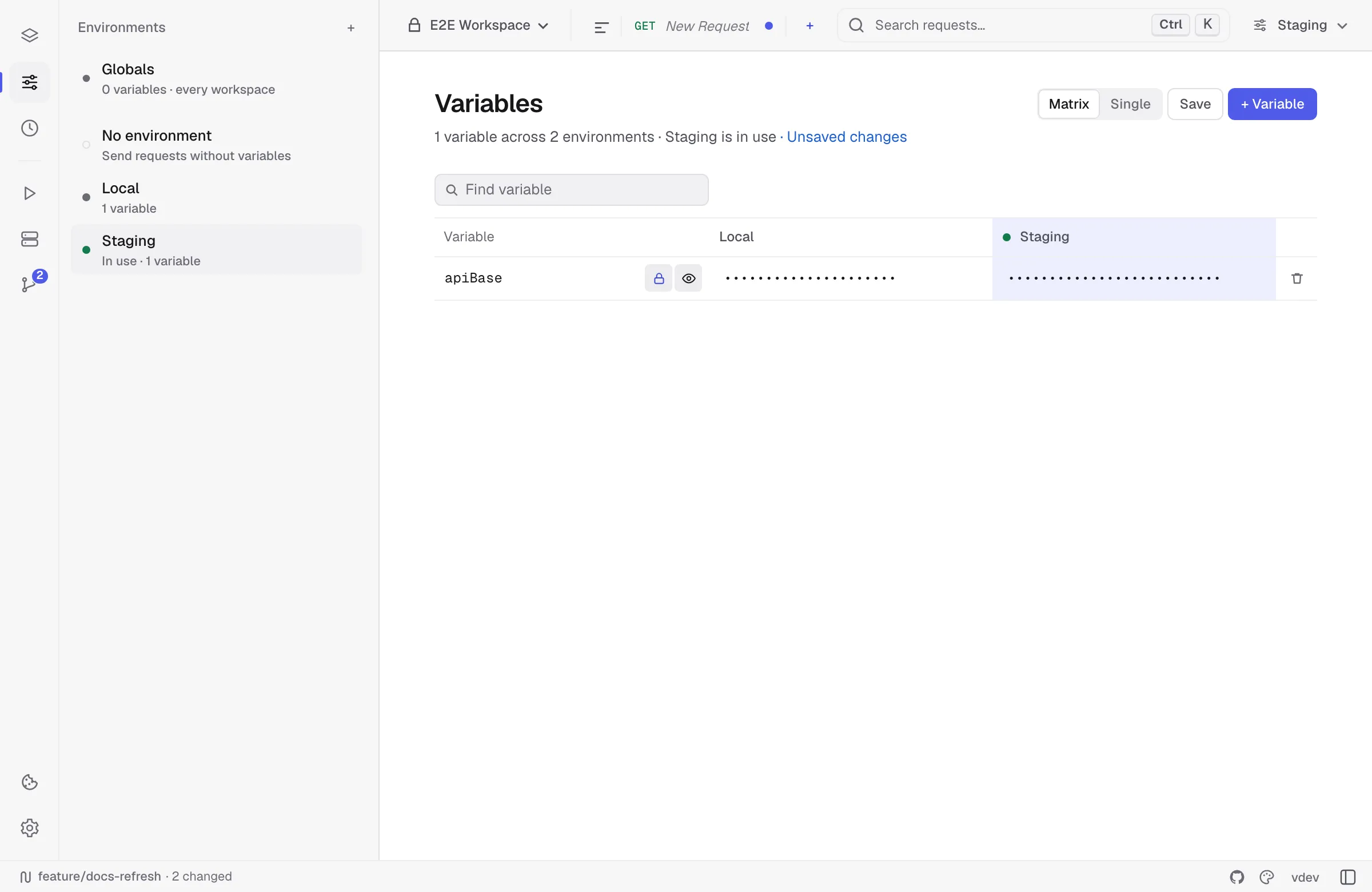 Environment matrix comparing variables across two environments