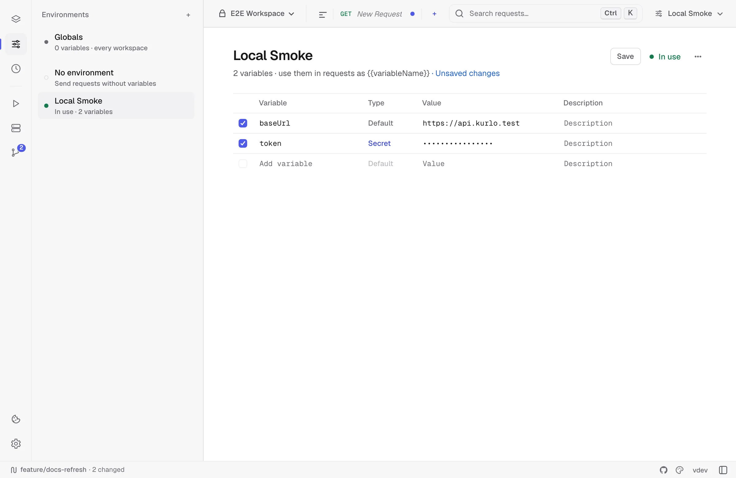 Environment editor with a base URL and masked secret token