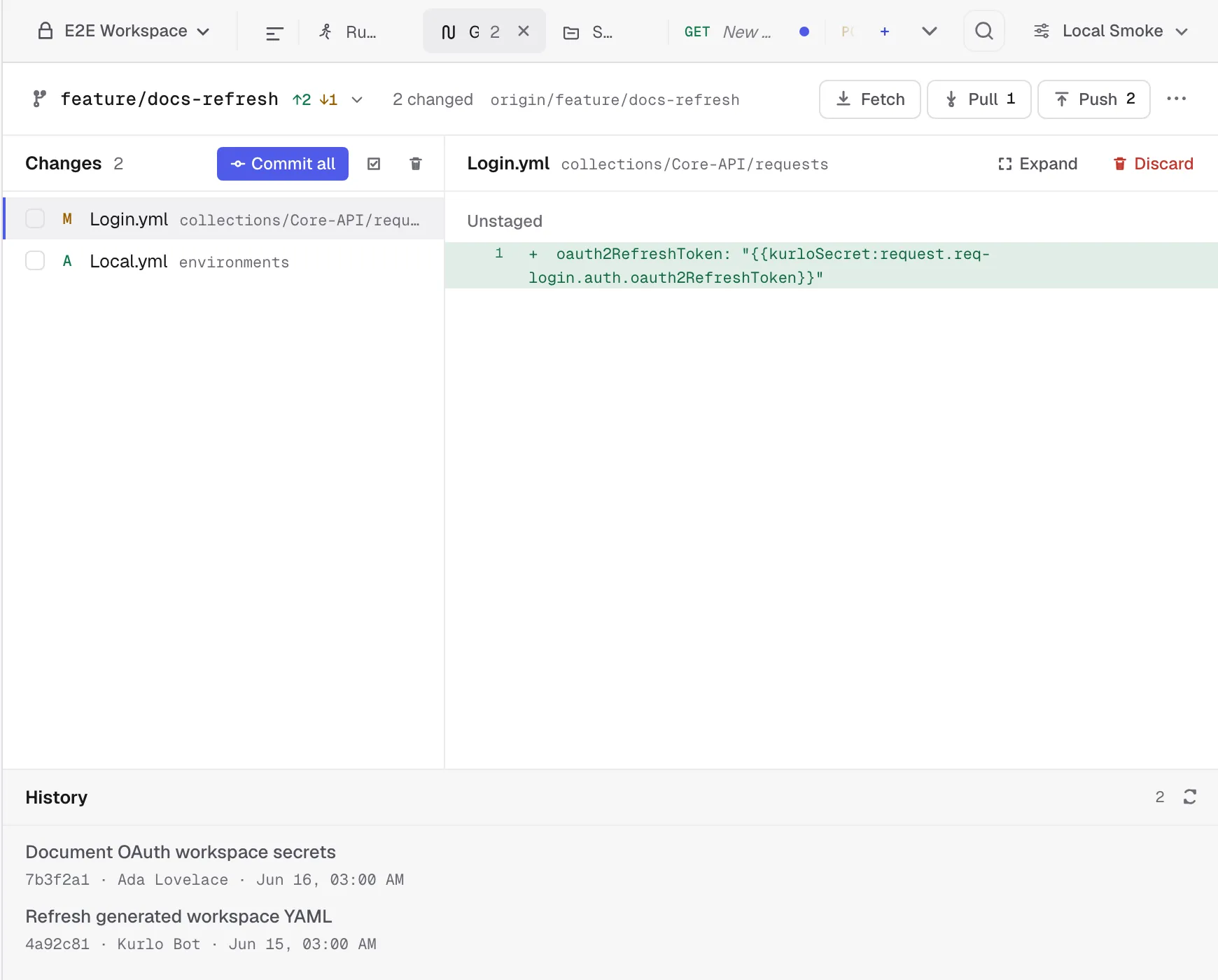 A Git-backed workspace with its changes listed in Kurlo