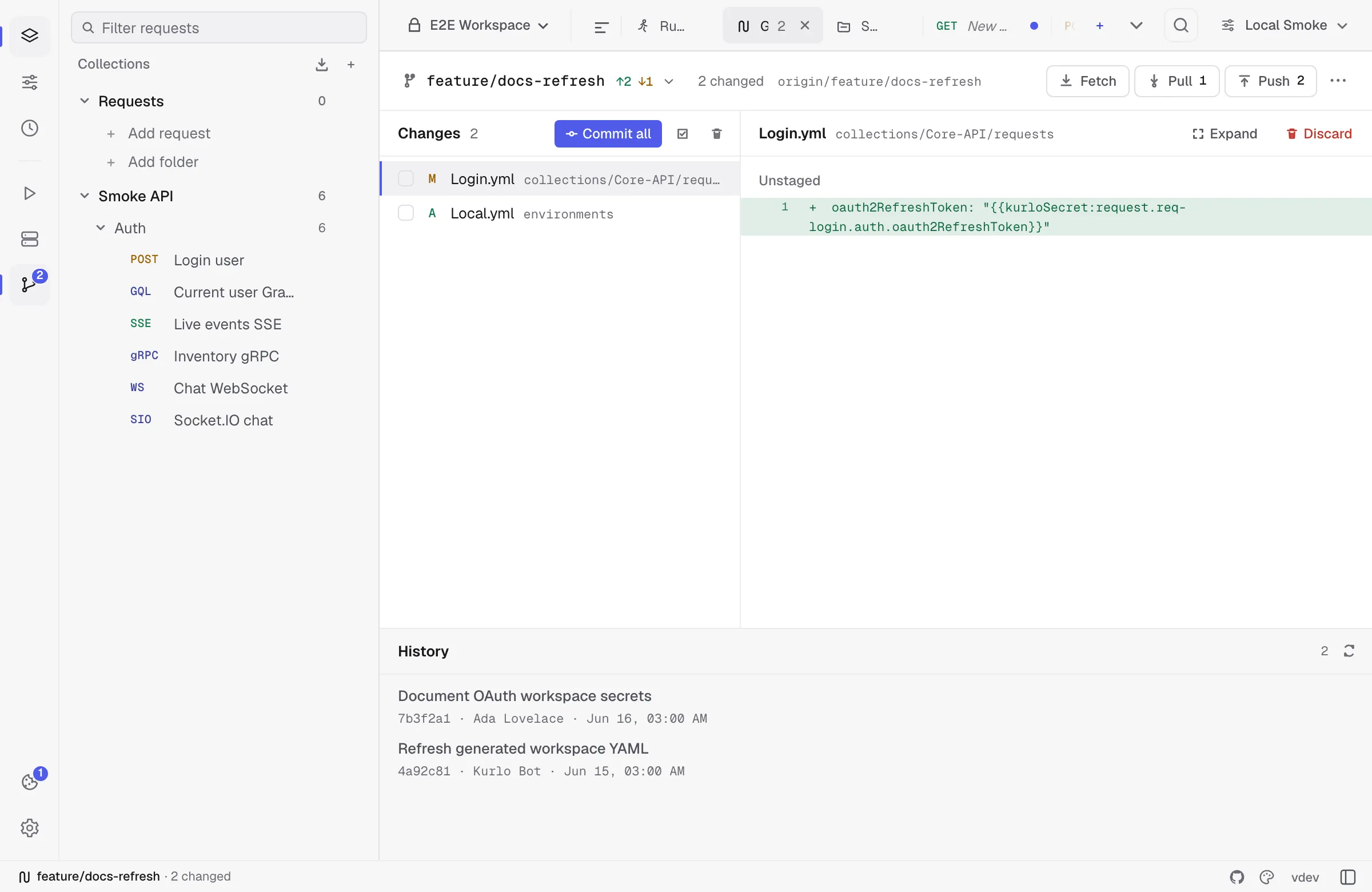 Git workspace tab with branch status, changed YAML files, and diff preview