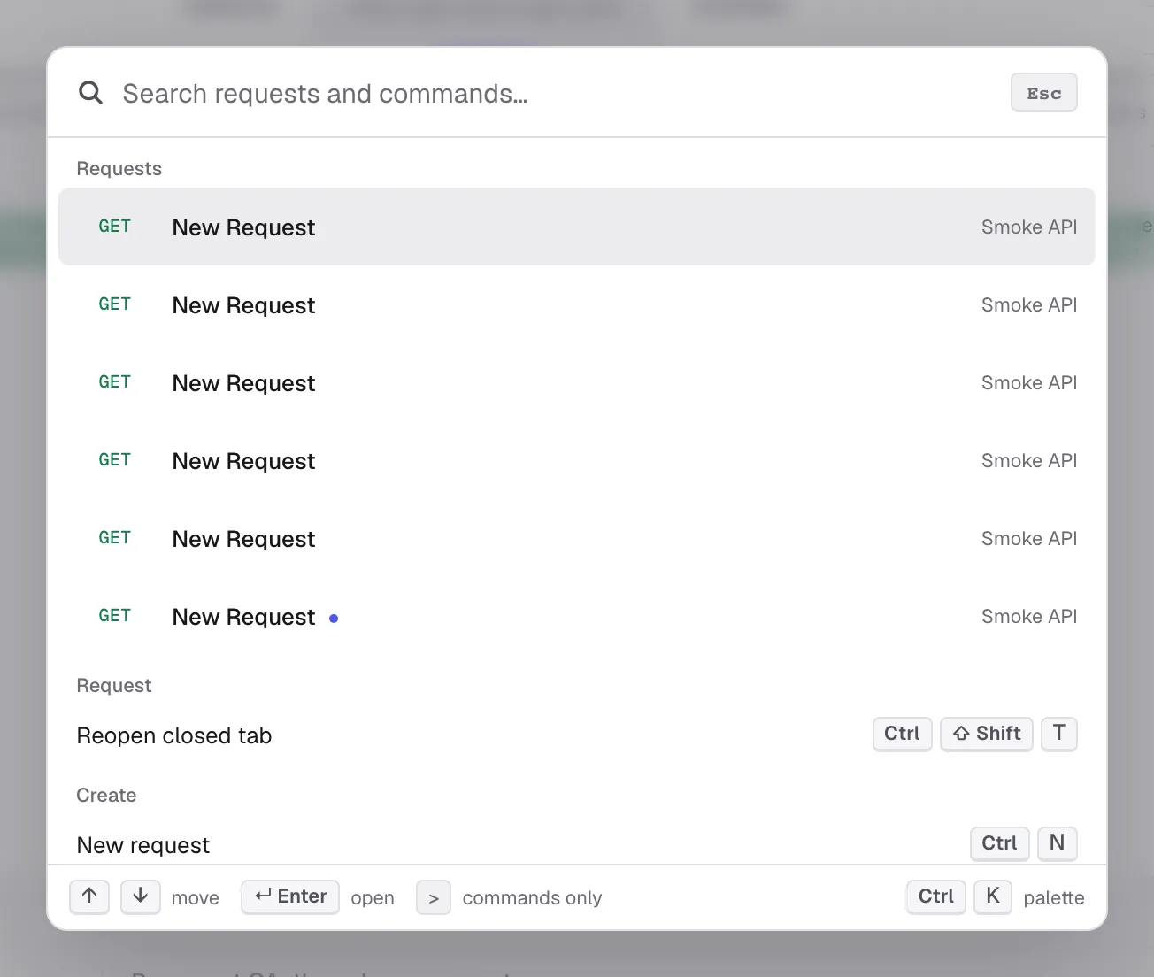 Command palette listing saved requests above the commands