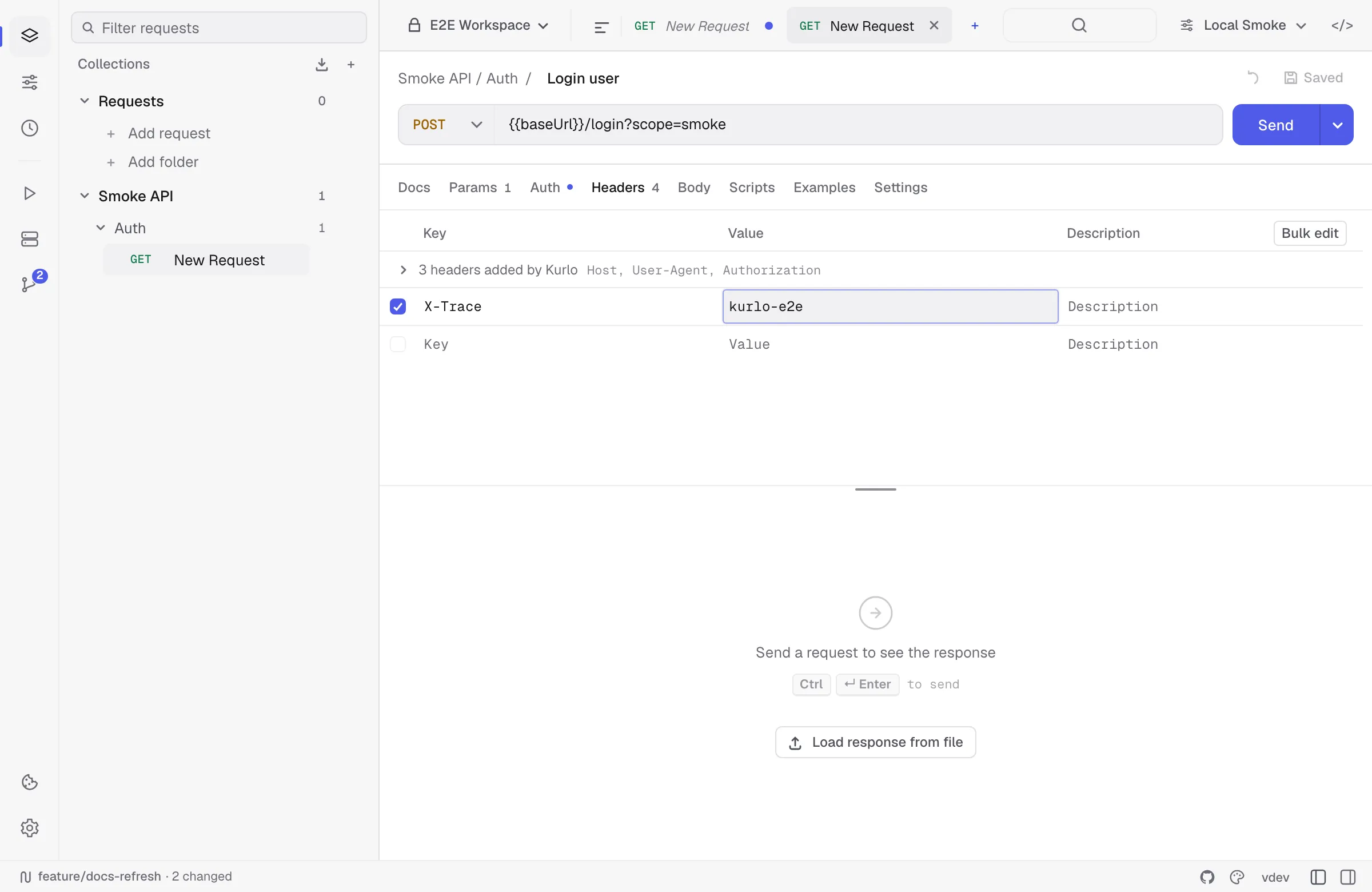 Headers tab with a custom trace header