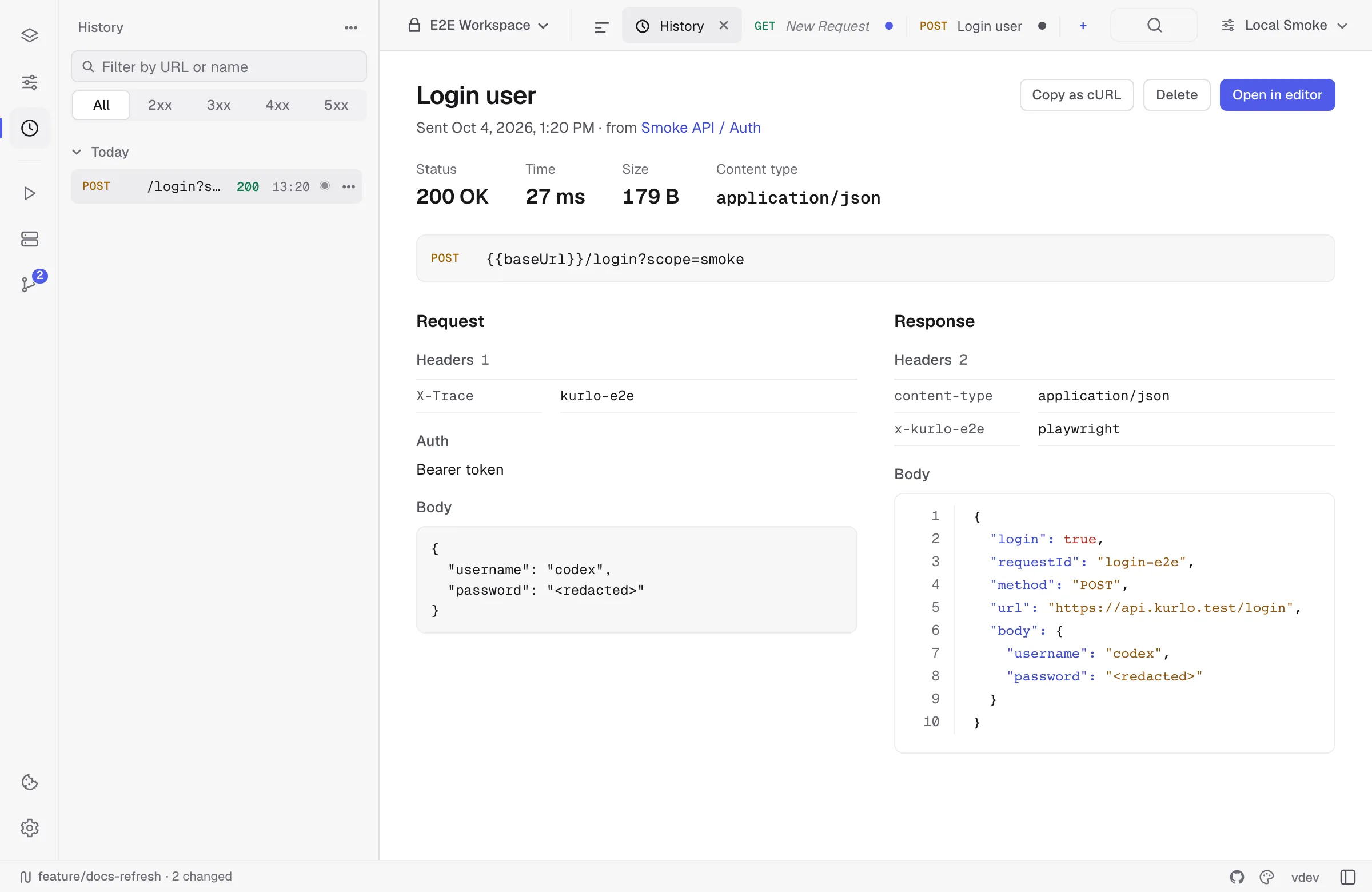 A history entry with its request and stored JSON response