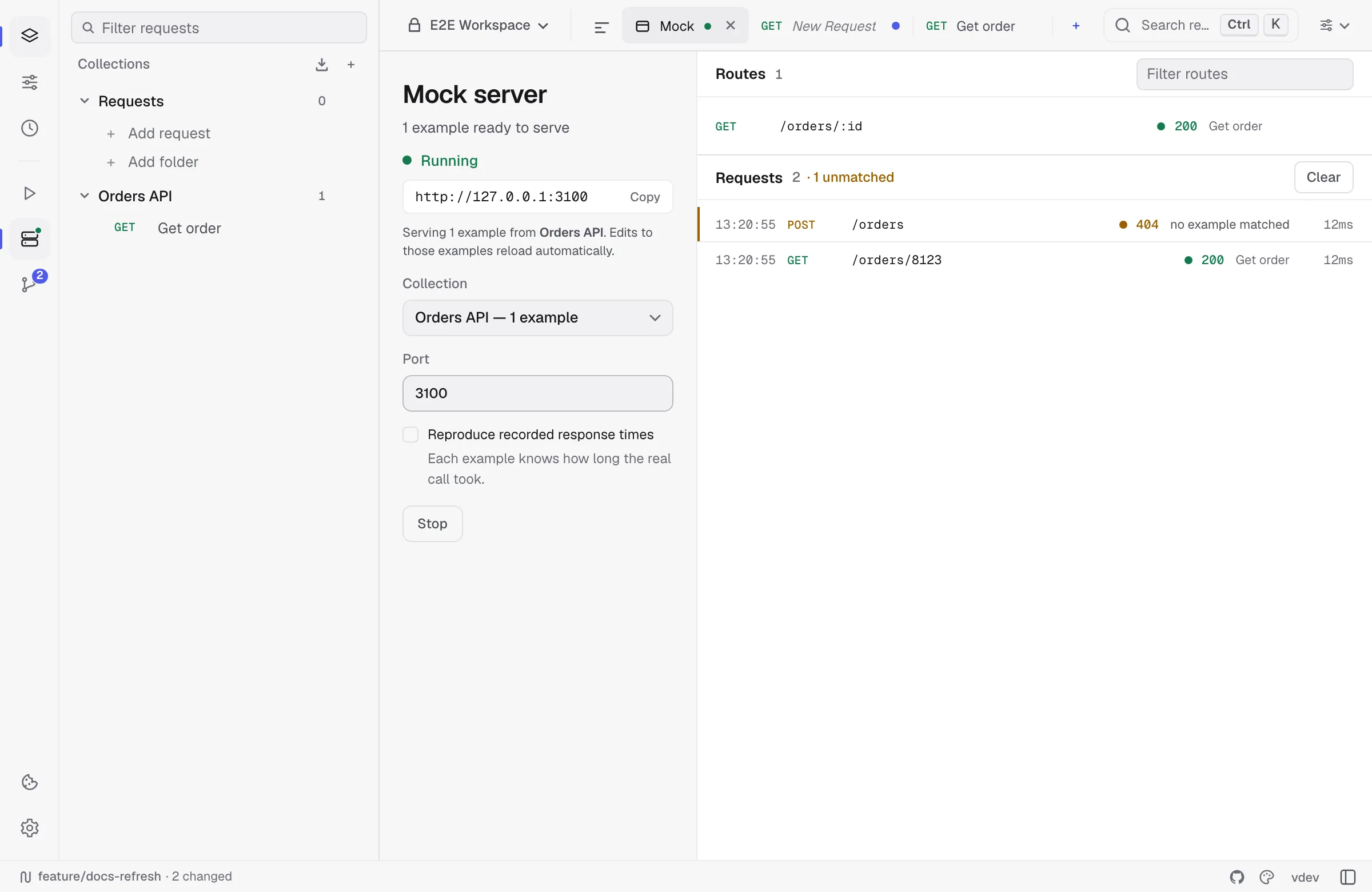 The mock server panel: running on port 3100, one route from a saved example, and a request log with one matched and one unmatched call