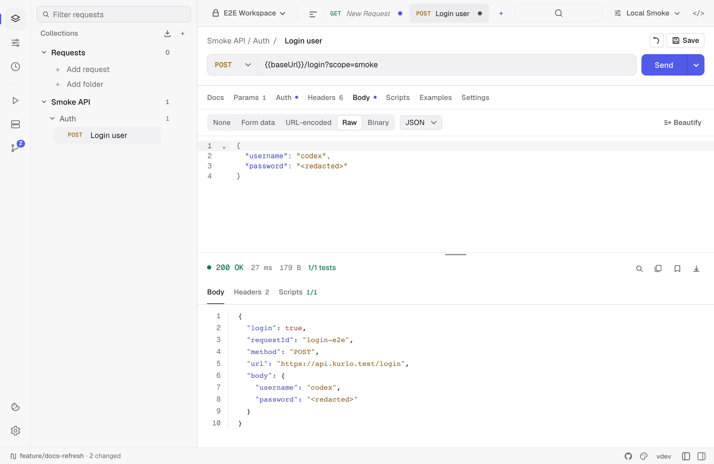 Kurlo with a saved request, its JSON body and the response it came back with