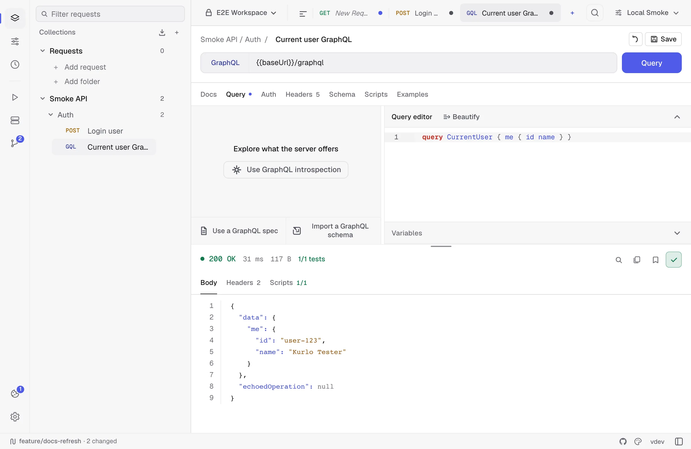 GraphQL request with query editor and JSON response