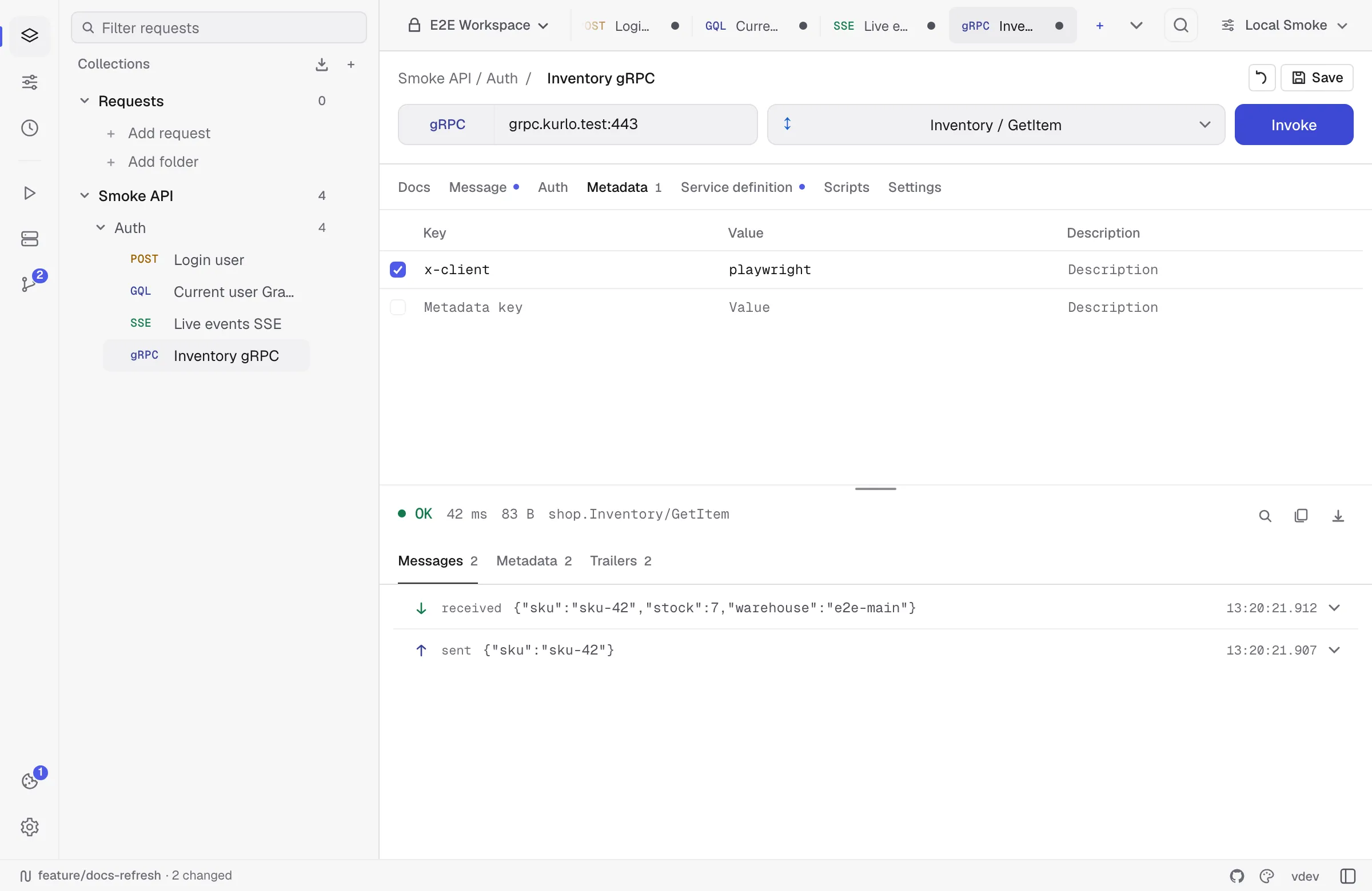 gRPC request with selected method and response messages