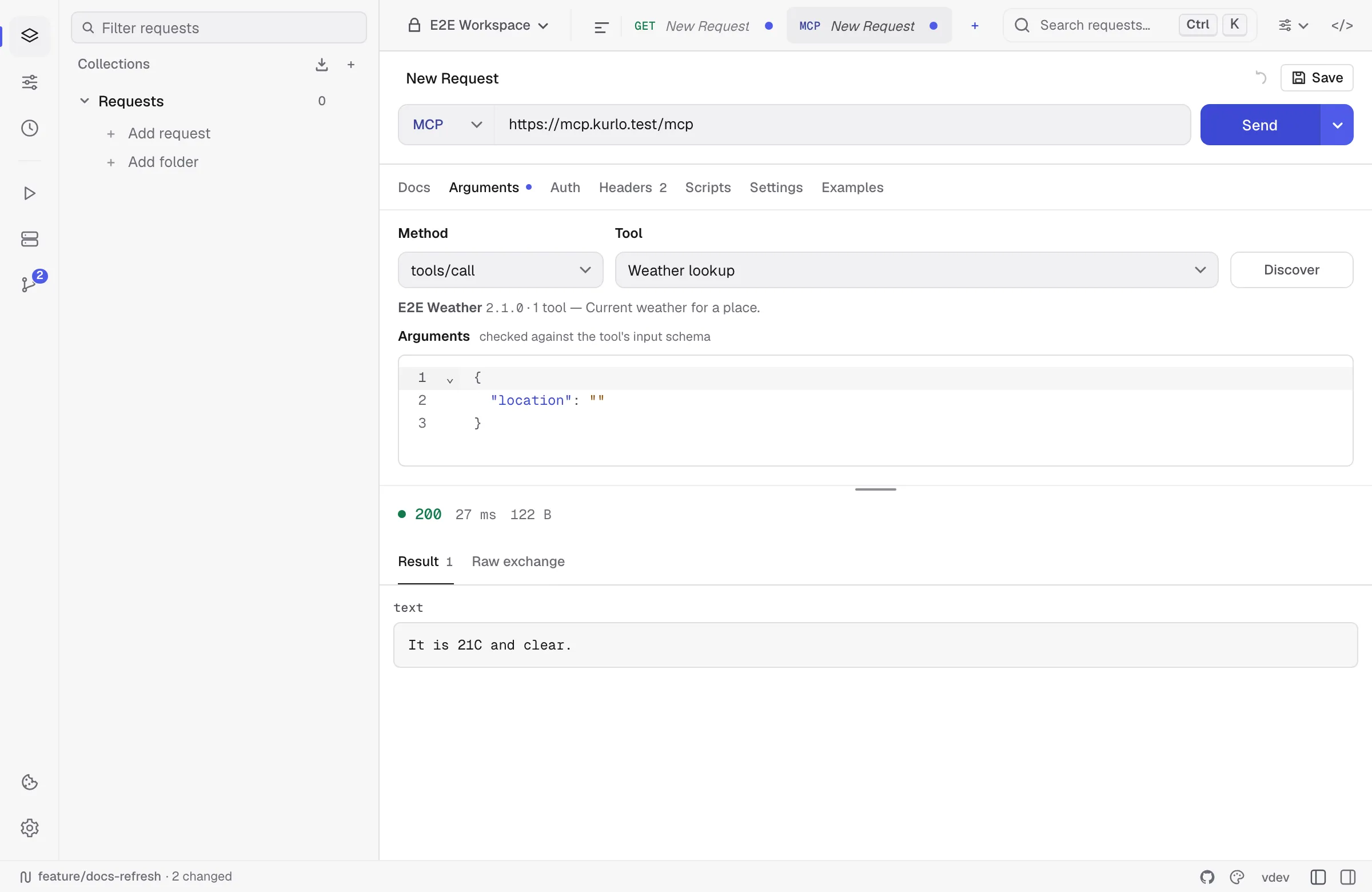 MCP request with a discovered server, a chosen tool and its result