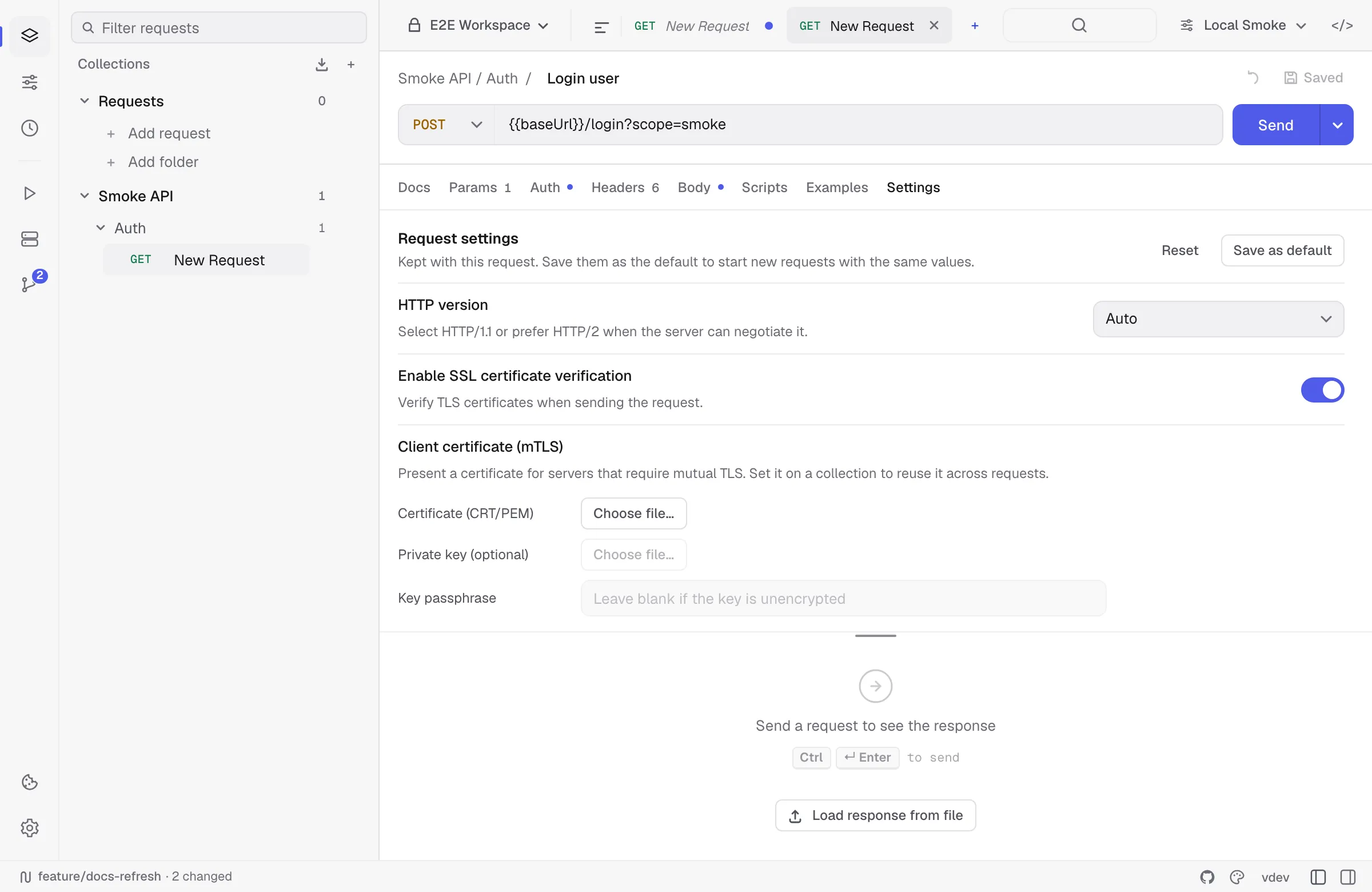 Request Settings tab with browser security and transport controls