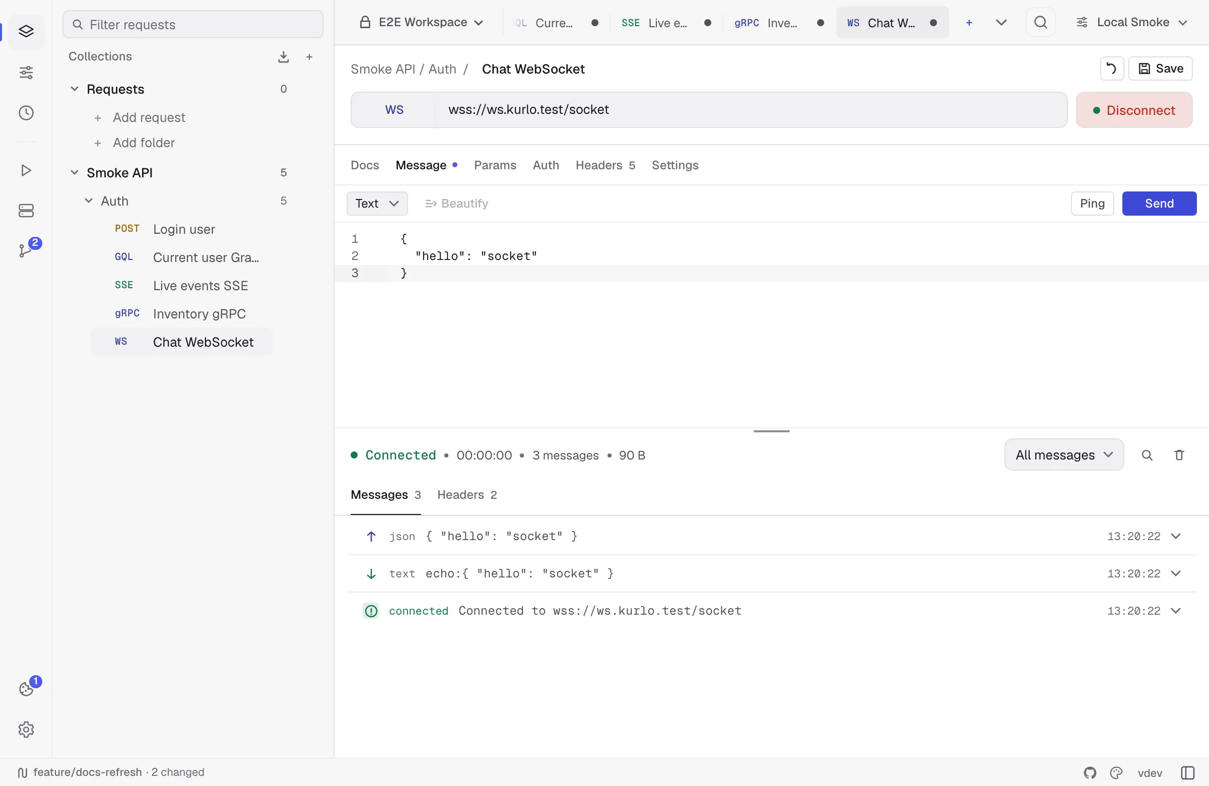 WebSocket request with sent payload and echoed frame