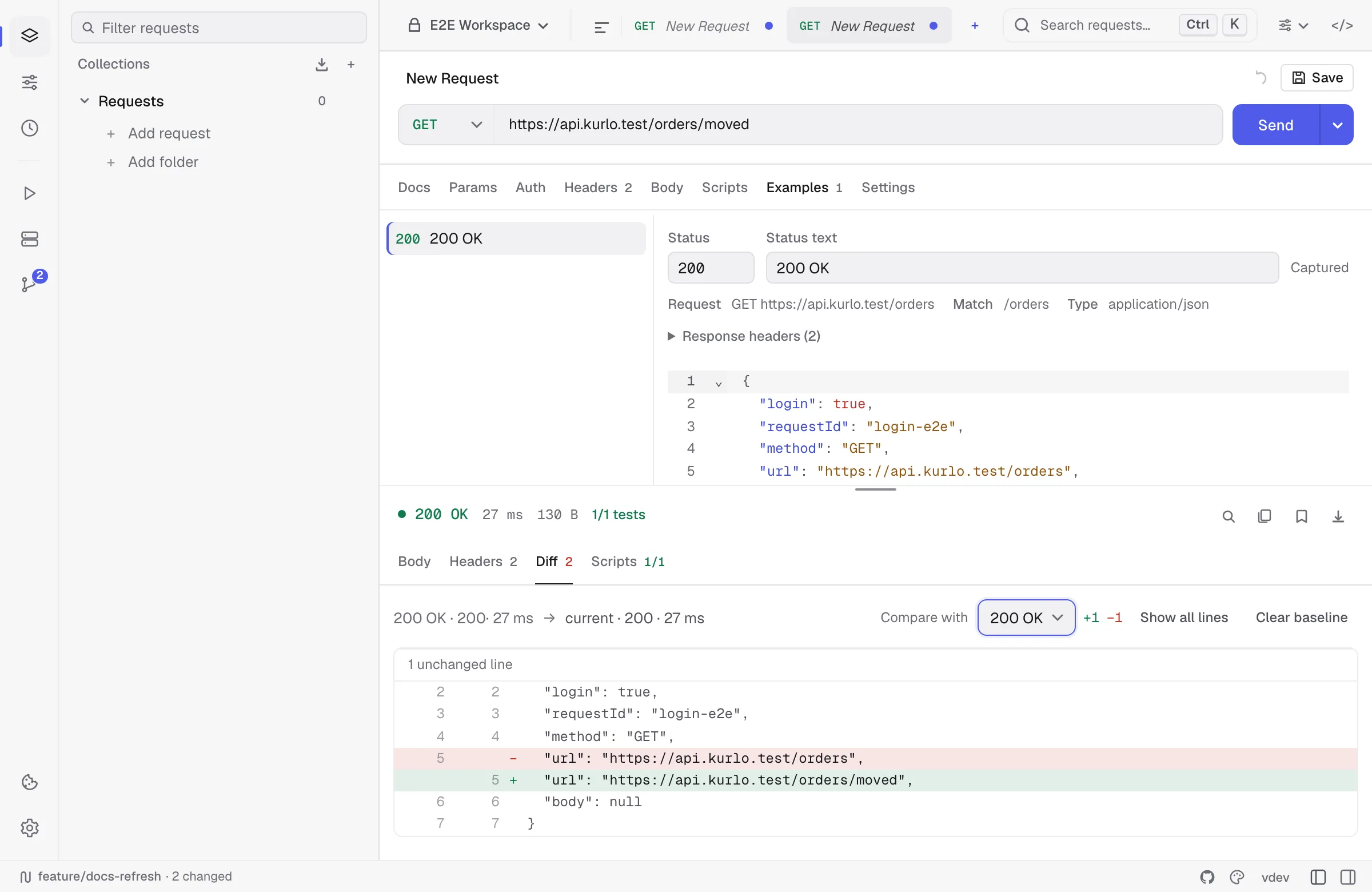 The Diff tab comparing a fresh response against a saved example chosen as the baseline