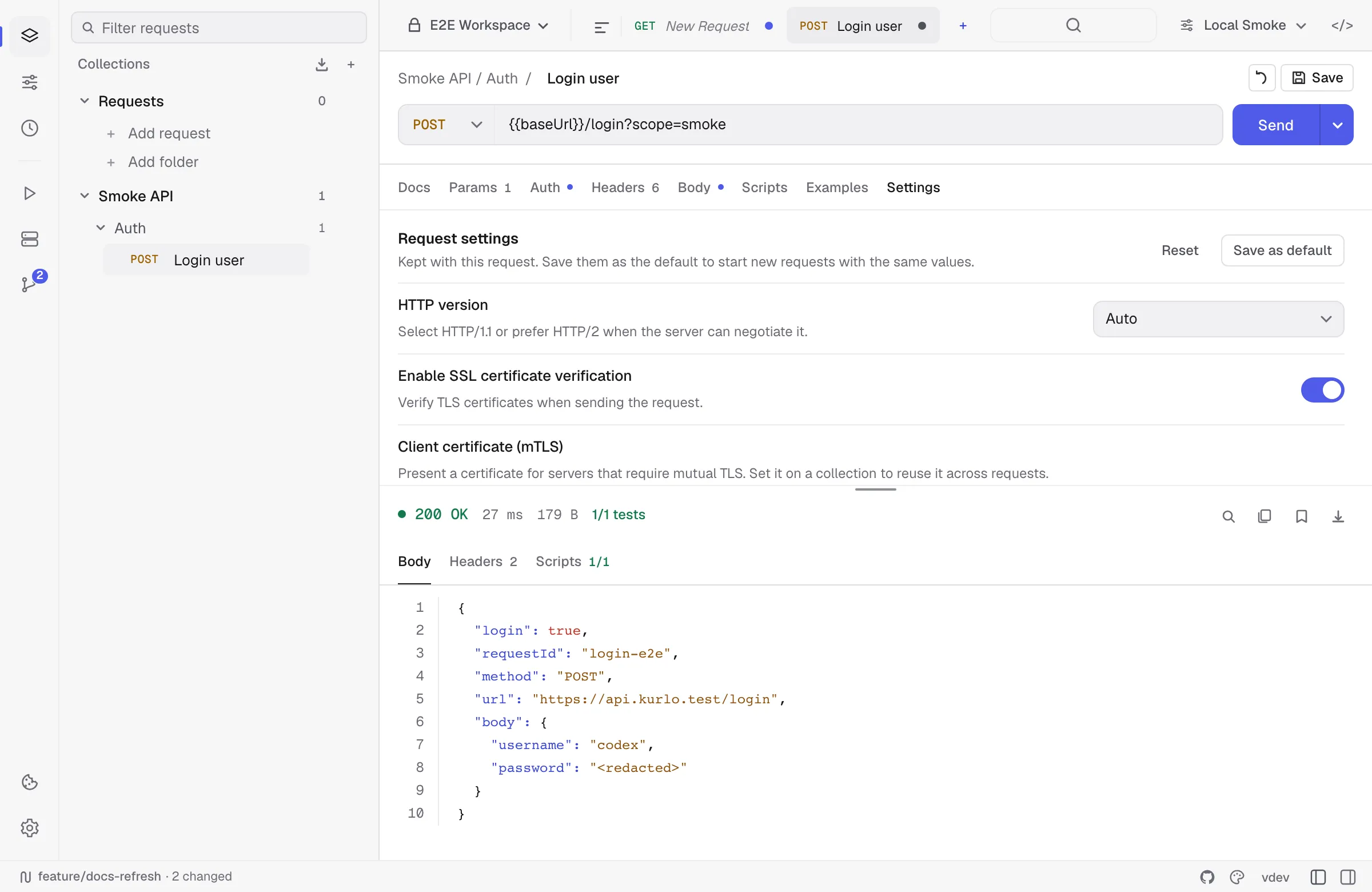 JSON response with status, timing, test count, and line numbers
