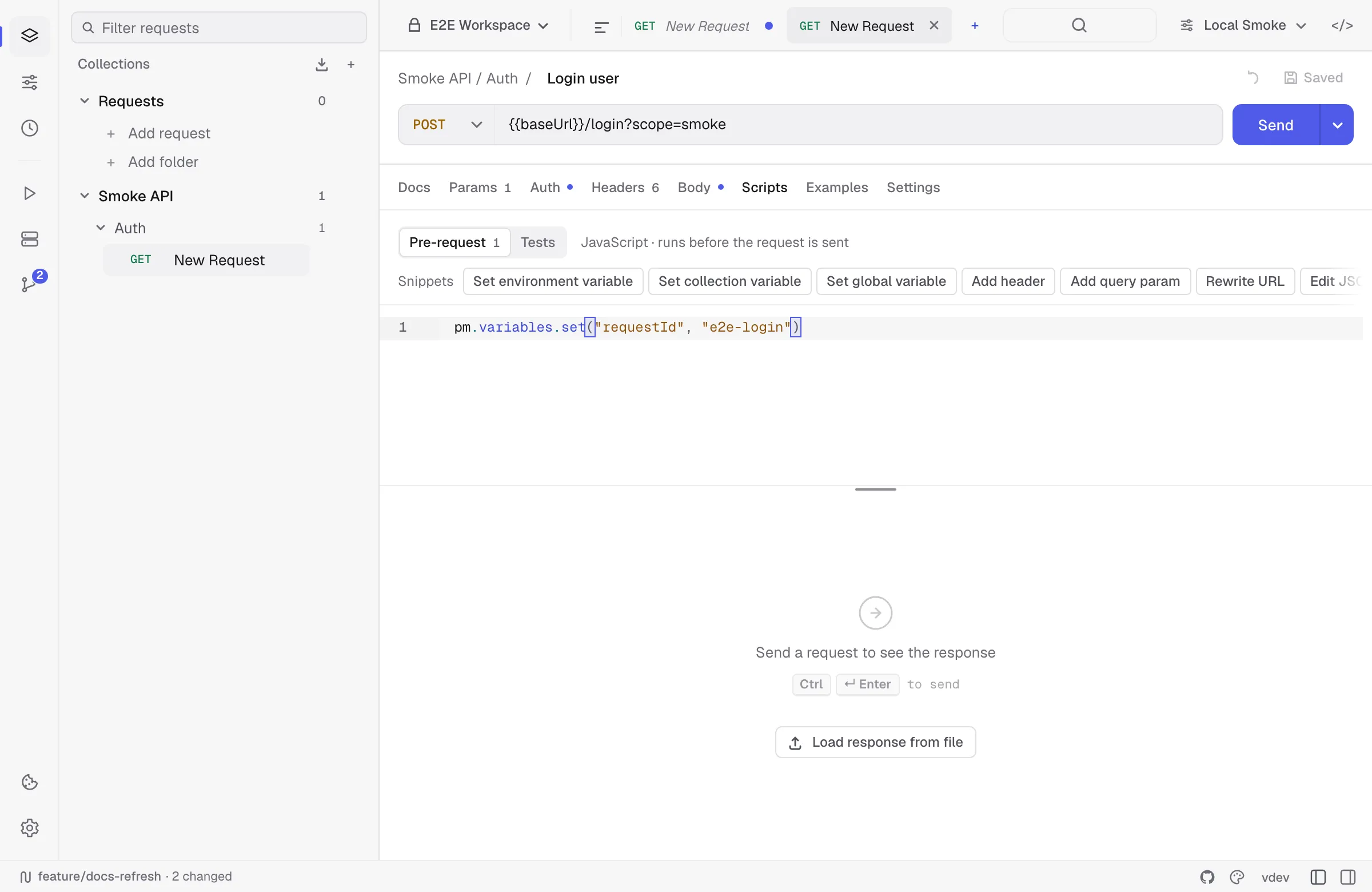 Pre-request JavaScript in the request Scripts tab