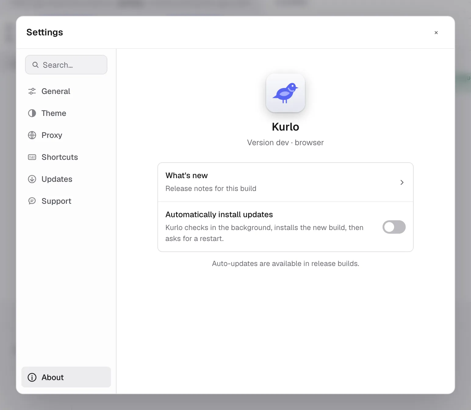 Settings → About showing the app version and runtime info