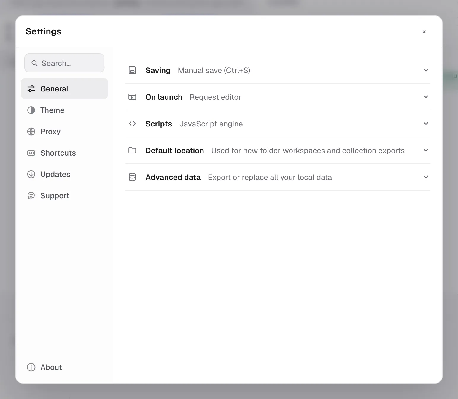 Kurlo General settings with save mode, script engine, and advanced data controls