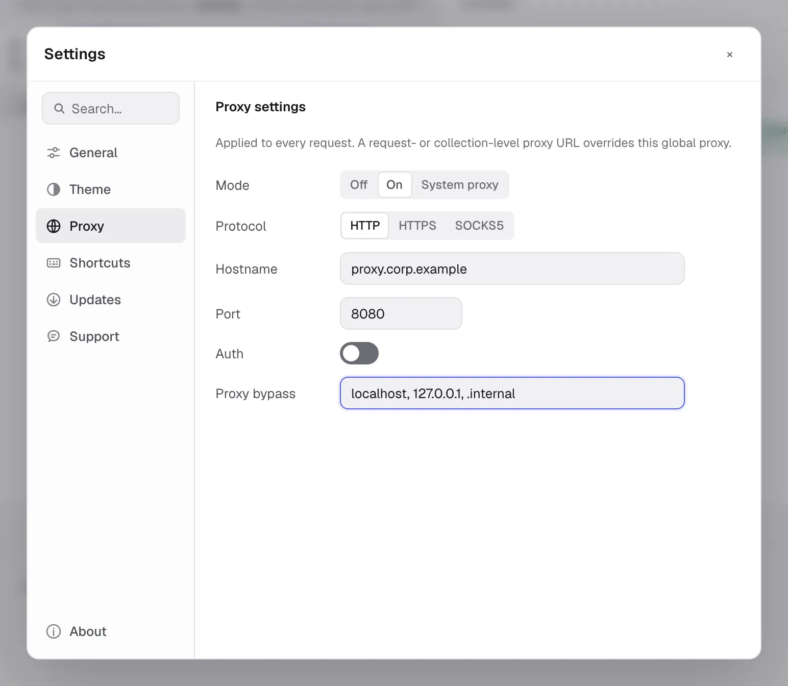 Global proxy configured in Kurlo Settings