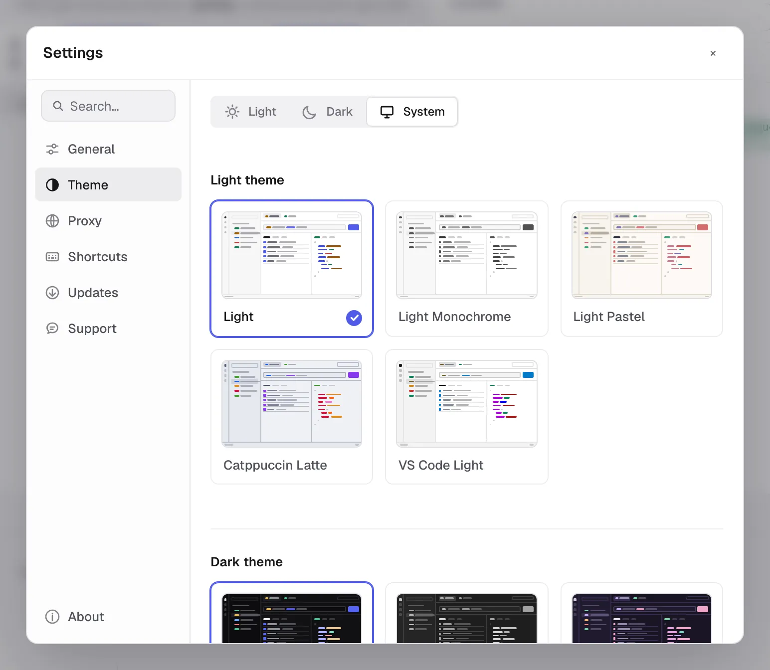 Theme settings with appearance and variant controls