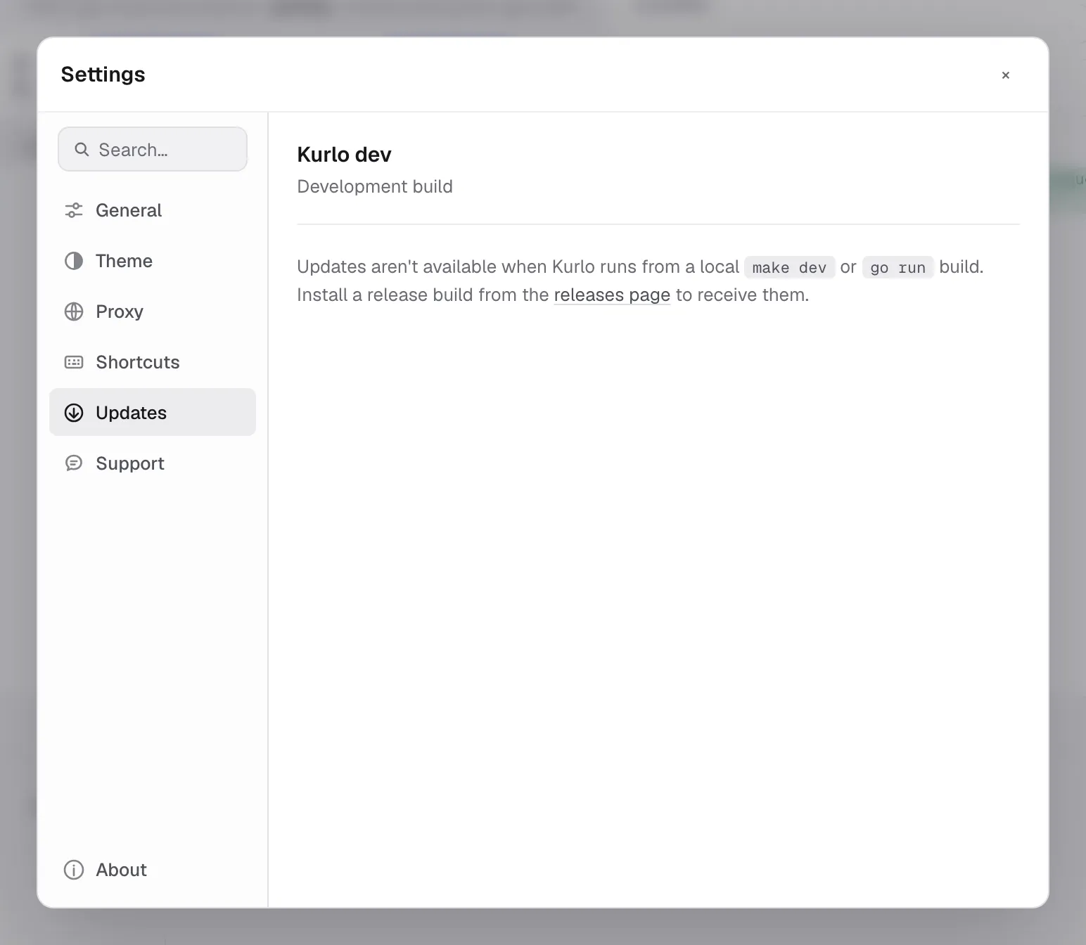 Settings → Updates in a development build
