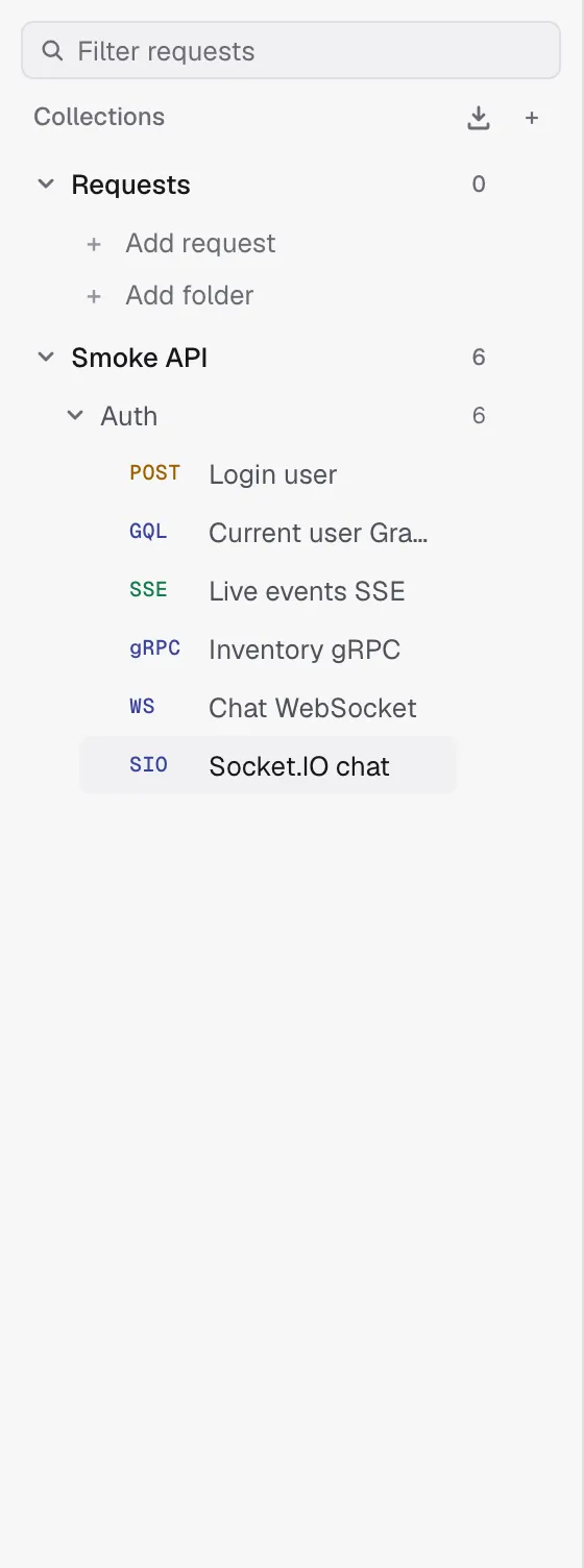 Sidebar tree — an empty collection shows inline Add request / Add folder prompts, while a populated collection shows its folders and requests